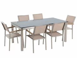 Beliani Tuinset 6-zits Glas/RVS Zwart/beige GROSSETO