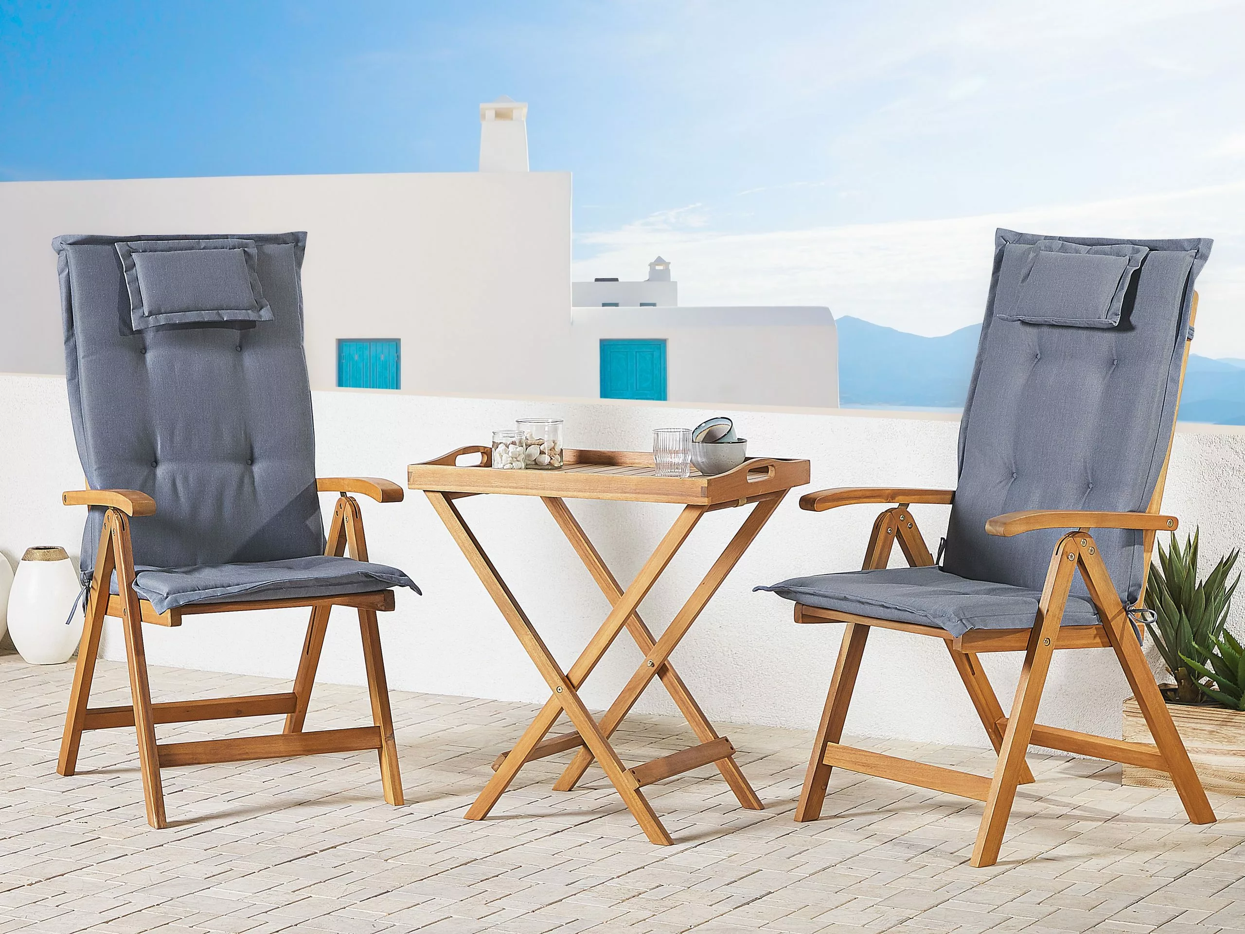 Beliani Balkonset Acaciahout Lichtbruin/blauw JAVA - Afbeelding 2