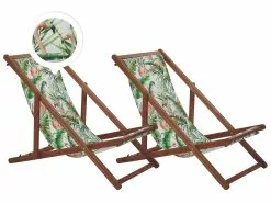 Beliani Ligstoel Set Van 2 Acaciahout Stof Donkerbruin/meerkleurig ANZIO