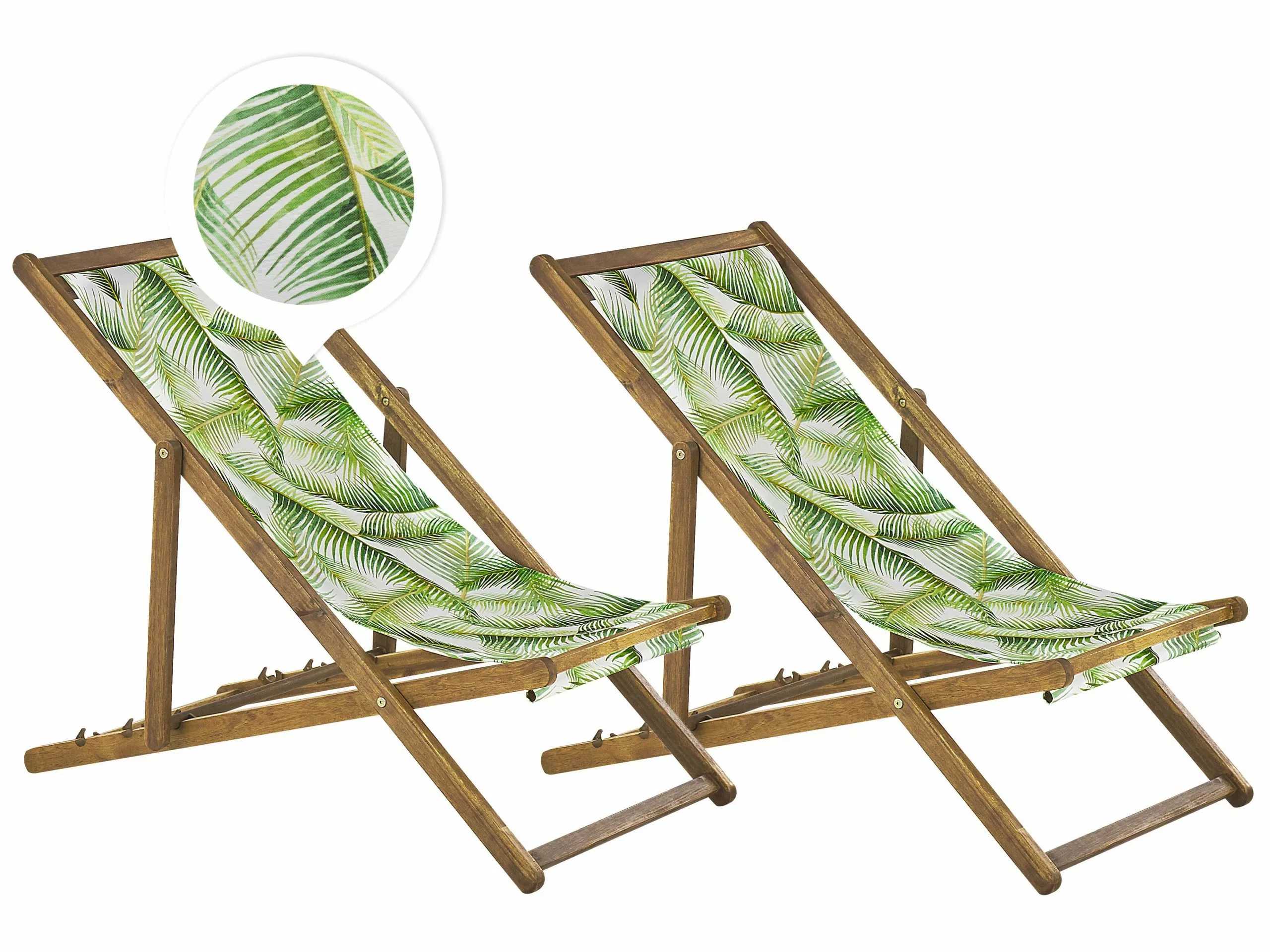 Beliani Ligstoel Set Van 2 Acaciahout Stof Groen/palm ANZIO