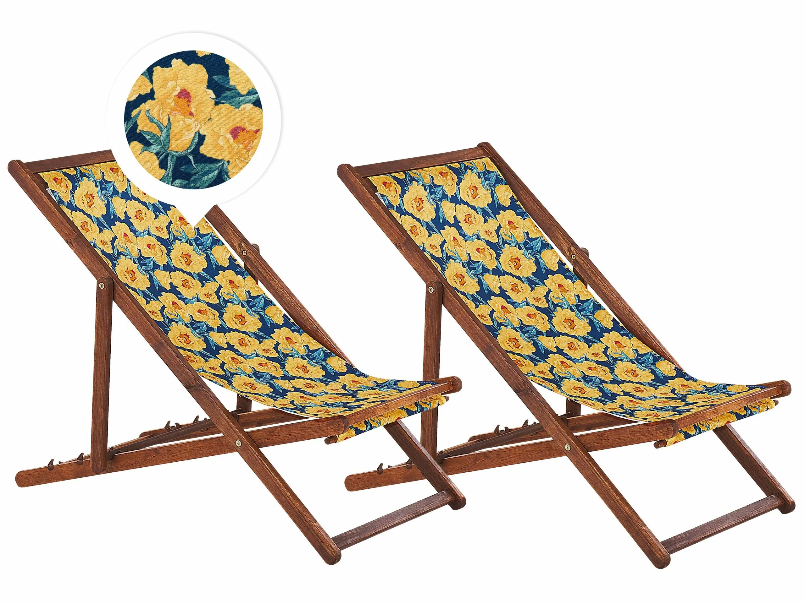 Beliani Ligstoel Set Van 2 Acaciahout Stof Geel ANZIO